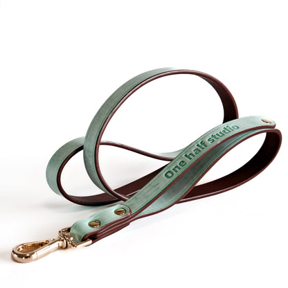 Mint green and smoky brown leather collar with bow design, featuring Italian handmade craftsmanship. Ideal as a personalized dog collar, designer dog collars, puppy collars, cool dog collars, and cute dog collars for small and large pets.