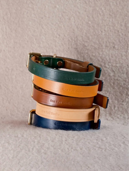 designer leather collar featuring Italian handmade craftsmanship. Perfect as a personalized dog collar, designer dog collars, puppy collars, cool dog collars, cute dog collars, leather collar, and cat collar for stylish pets.